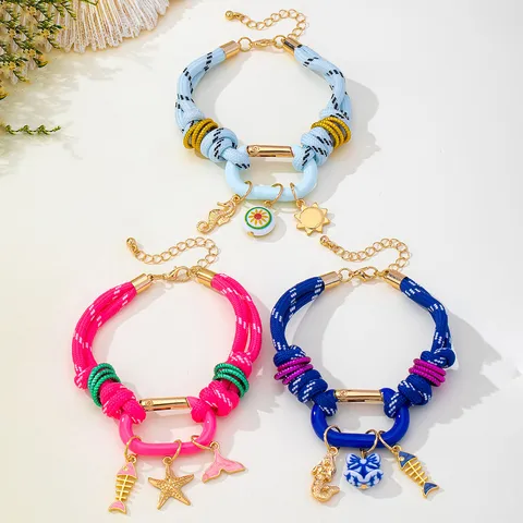 Bracelet Style Océan Nœud Tressé Couleur Dopamine Pour Femmes Pendentif Queue De Poisson Hippocampe Étoile De Mer En Alliage Bijoux Cadeau Plage Vacances