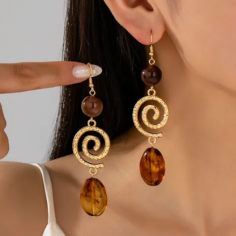 Boucles d'Oreilles Pendantes Longues Spirale Vintage Français Alliage de Zinc Ambre Résine Goutte d'Eau Bijoux Femme