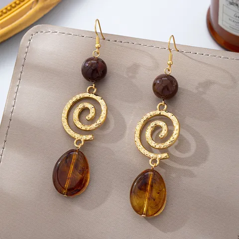 Boucles d'Oreilles Pendantes Longues Spirale Vintage Français Alliage de Zinc Ambre Résine Goutte d'Eau Bijoux Femme