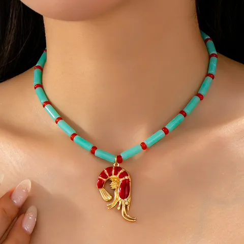 Collier Pendentif Perle Crabe Homard Émail Alliage Vie Océanique Vacances Éte Amusant Ras De Cou Chaîne Perles Artificielles Pour Femmes Bijoux