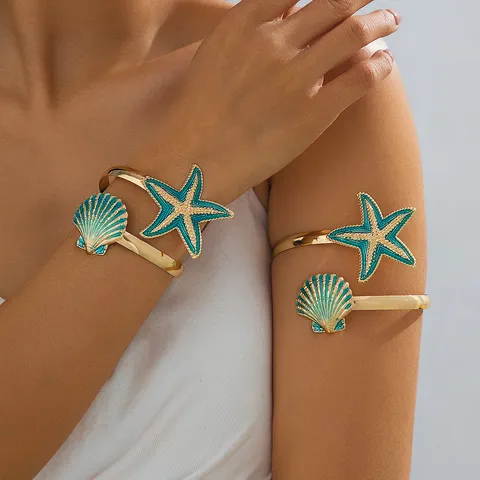 Europees Amerikaanse Stijl Blauw Emaille IJzerlegering Zeester Schelp Open Armring Voor Dames Zomer Oceaan Sieraden
