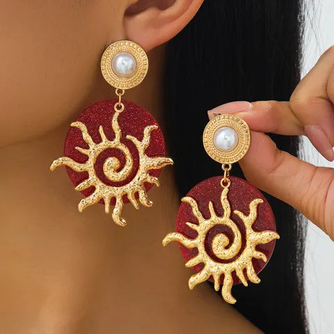 Boucles d'Oreilles Pendantes Soleil Martelé en Spirale Rétro Américain pour Femmes avec Perles Artificielles et Glands Dorés pour Fête Banquet Bijoux