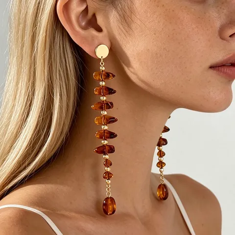 French Retro Maillard Irregular Teardrop Beaded Long Stud Earrings For Women Acrylic Alloy Gold Brown Tassel Drop Earrings Jewelry Accessories