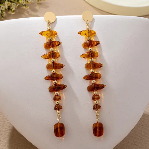 French Retro Maillard Irregular Teardrop Beaded Long Stud Earrings For Women Acrylic Alloy Gold Brown Tassel Drop Earrings Jewelry Accessories