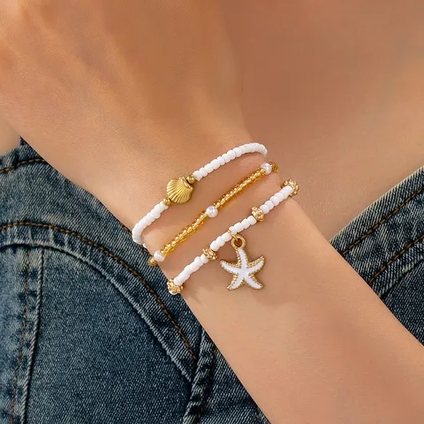 Parure de Bijoux Bohème Style Océan Multicouches Perles Étoile de Mer Coquillage Cheville Bracelet Collier pour Femme