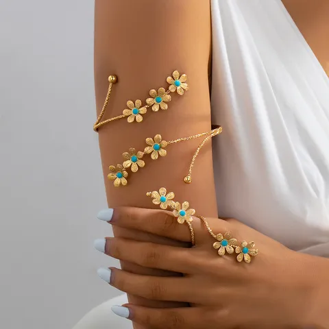 Set Bracciale da Braccio Regolabile Fiore Boemo Oro Nucleo Blu Anello Collegato Accessori per Vacanze Gioielli da Donna
