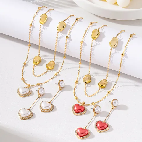 Parure de Bijoux Rétro Français Cœur Perle Artificielle Alliage Collier Double Couche Perles Métalliques Boucles d'Oreilles Femme Boîte Cadeau