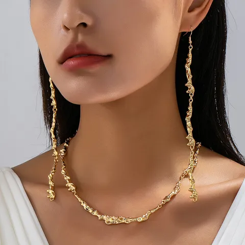 Western Style Lava Texture Irregular Alloy Jewelry Set Gold Plated Metallic Rippled Wrinkle Necklace Long Drop Earrings For Women