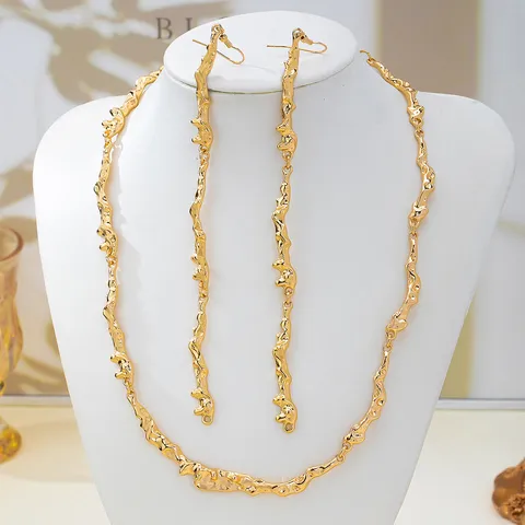 Western Style Lava Texture Irregular Alloy Jewelry Set Gold Plated Metallic Rippled Wrinkle Necklace Long Drop Earrings For Women