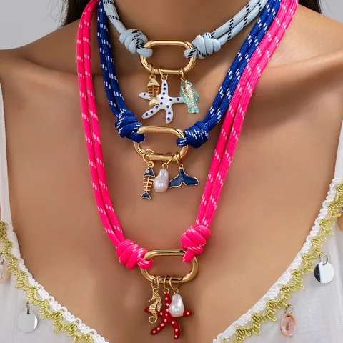 Collier Corde Colorée Océan Plage Étoile de Mer Hippocampe Émail Multi Pendentif pour Femmes Bijoux Vacances