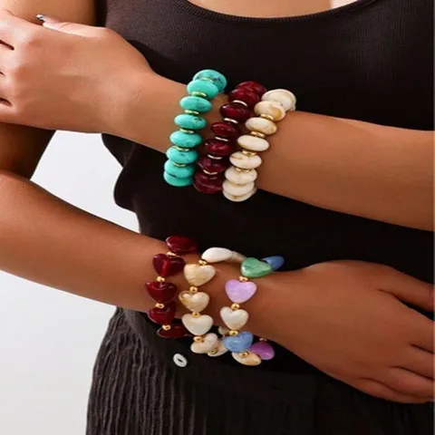 Bracelet Élastique Perlé Coloré de Style Dopamine Vintage pour Femmes Nouveau Style Chinois Bracelet de Perles en Résine de Cœur Bijoux de Main