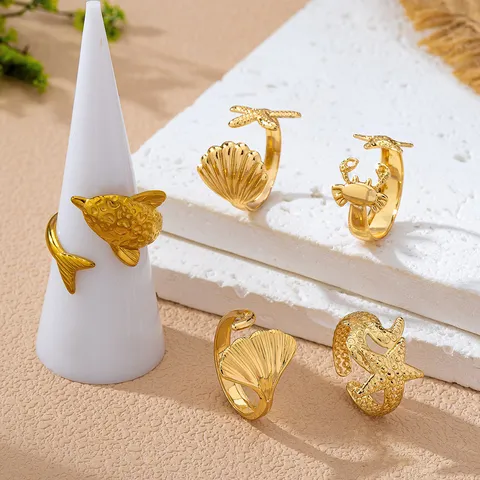 Serie Ocean Beach Juego de Anillos de Dedo del Pie de Aleación Estrella de Mar Concha Cangrejo Delfín para Mujer Anillos Dorados Ajustables Joyería