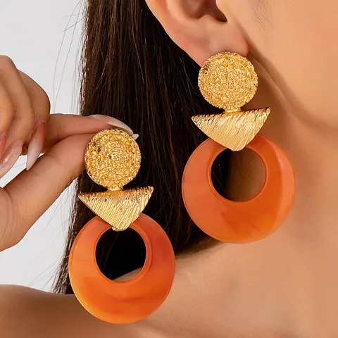 Boucles d'Oreilles Pendantes Vintage en Résine Ambre Design Unique Rond Creux Texture Estompée Alliage Pour Femmes Bijoux