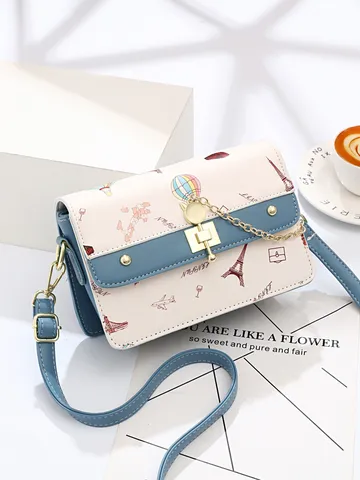 Vintage PU Leather Parisian Architecture Printed Crossbody Square Bag With Metal Lock Chain For Women Streetwear Daily Travel