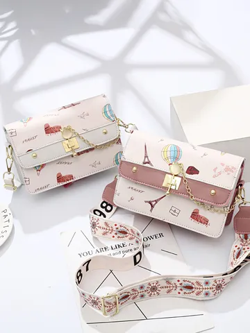 Vintage PU Leather Parisian Architecture Printed Crossbody Square Bag With Metal Lock Chain For Women Streetwear Daily Travel