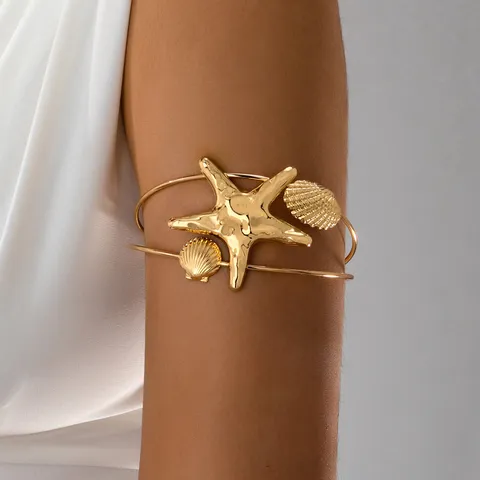 Bracciale da Braccio Aperto con Stella Marina e Conchiglia per Donna Stile Marino in Lega Placcata Oro Gioielli da Vacanza