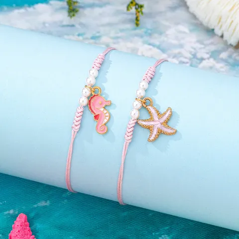 Bracelets de Cheville Tressés Main pour Femmes Pendentifs Animaux Marins Émail Alliage Style Marin Perle Artificielle Bijoux de Plage