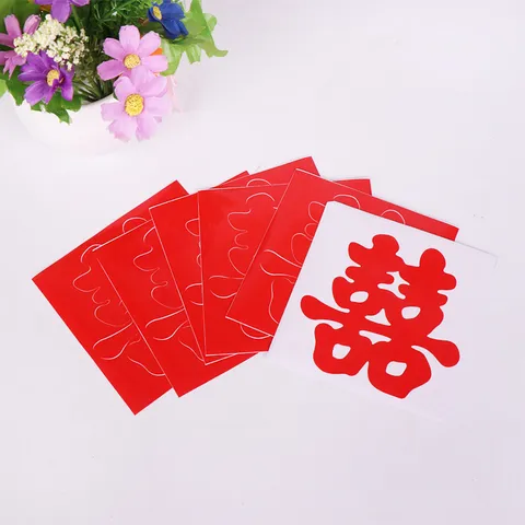 Red Traditional Wedding Stickers Xi Character Heart Shape Cursive Self Adhesive Stickers For Home Furniture Staircase Decoration Chinese Wedding Party Supplies