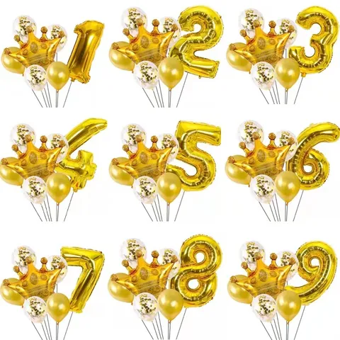 Gold Crown Number Balloon Set For Children Birthday Party Decoration Metallic Foil Latex Balloons Baby Shower Anniversary Celebration Kit