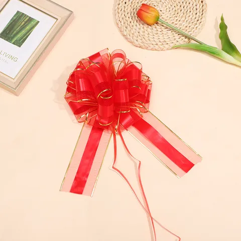 Large Gold Border Organza Pull Bow Ribbon Flower For Christmas Gift Wrapping Wedding Car Decoration DIY Festive Supplies