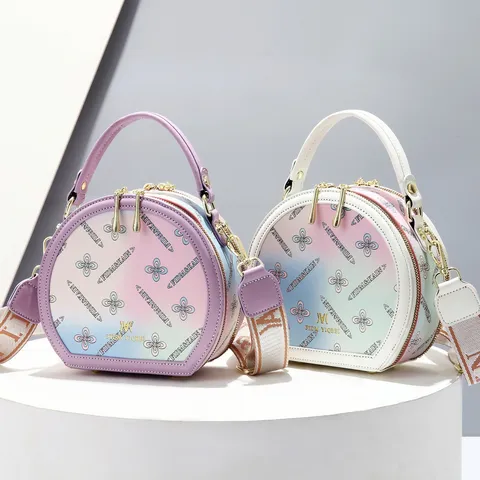Süße Verlauf Drucken PU Leder Runde Handtasche Für Damen Mädchen Stil Mini Umhängetasche Crossbody Messenger Bag Mit Breitem Gurt