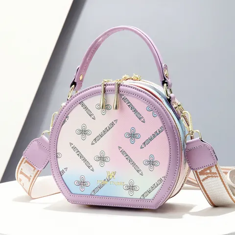 Süße Verlauf Drucken PU Leder Runde Handtasche Für Damen Mädchen Stil Mini Umhängetasche Crossbody Messenger Bag Mit Breitem Gurt