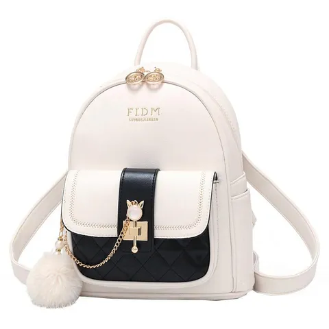 Fashion Contrast Color PU Leather Women Backpack Trendy Casual Shoulder Bag For Travel School Lady Pom Pom Charm Backpack