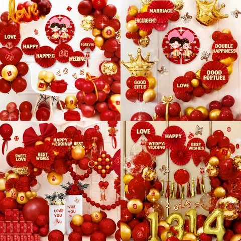 Engagement Wedding Foil Balloon Set Red Gold Decoration With Paper Fans Tassels Room Decor Bridal Shower Party Supplies