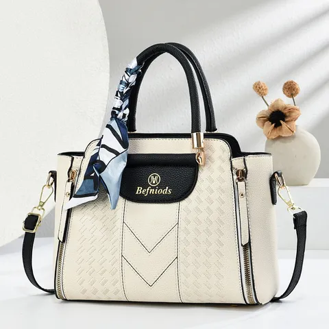 Women Embossed Color Contrast Handbag Large Capacity PU Leather Shoulder Crossbody Bag With Satin Scarf Decor Retro Bag
