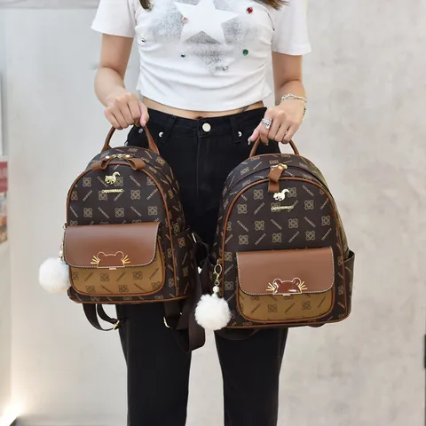 Korean Style PU Leather Monogram Print Backpack For Women Vintage Large Capacity Travel School Shoulder Bag With Pom-Pom