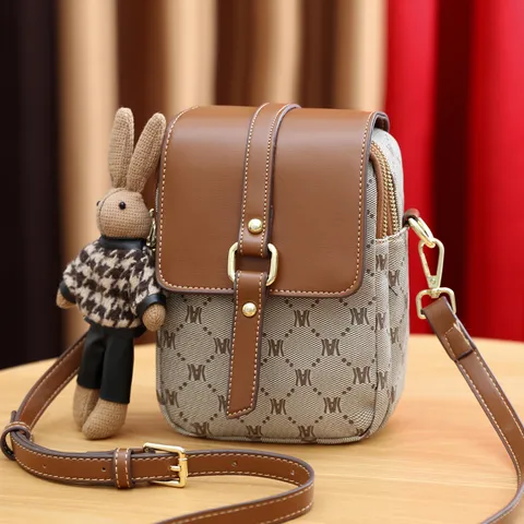 Vintage Letter Print PU Leather Crossbody Phone Bag Mini Square Shoulder Pouch Multi Pocket Wallet With Adjustable Strap For Women Daily