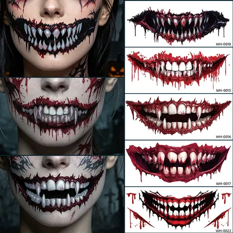 Pegatinas de Tatuaje de Boca de Terror de Halloween Impermeable Larga Duración Maquillage de Fiesta Cosplay Pegatina Desechable para la Cara Arte Corporal