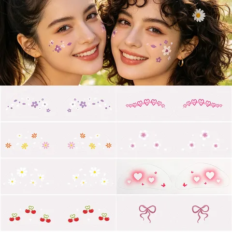 Cartoon Floral Face Tattoo Stickers Waterproof Cute Temporary Tattoos Sweet Makeup Decals For Kids Women