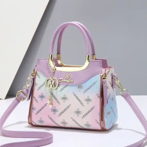 Sac à Main Femme en PU Imprimé Dégradé de Couleur Style Coréen Surpiqûres Grande Capacité Sac Bandoulière Avec Ornement de Perle