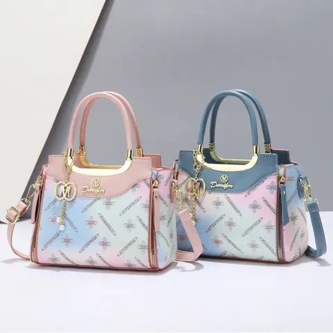 Sac à Main Femme en PU Imprimé Dégradé de Couleur Style Coréen Surpiqûres Grande Capacité Sac Bandoulière Avec Ornement de Perle