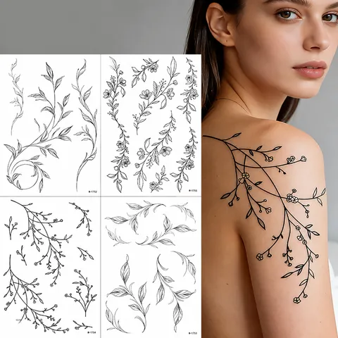 Pegatina de Tatuaje Temporal Impermeable Vid Floral de Boceto Arte Corporal Tatuaje Falso de Larga Duración Para Mujeres y Hombres