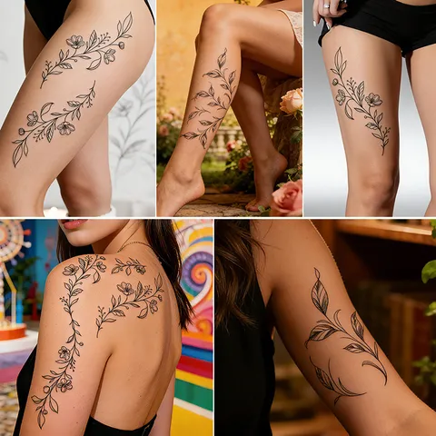Pegatina de Tatuaje Temporal Impermeable Vid Floral de Boceto Arte Corporal Tatuaje Falso de Larga Duración Para Mujeres y Hombres