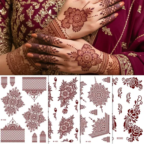 Adhesivo de Tatuaje Temporal de Henna Impermeable Marrón Rojo Encaje Mehndi Diseño Cuerpo Arte Adhesivo Para Mujeres Manos Pies