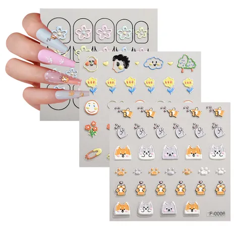Pegatinas de Uñas de Dibujos Animados Lindas en Relieve 5D Perro Kawaii Melocotón Tulipán Margarita Flor Suministros Decoración