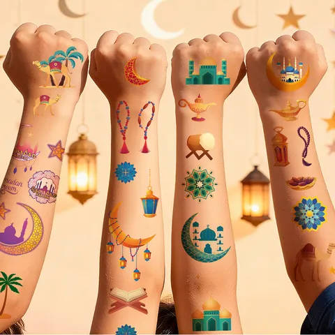 Pegatinas de Tatuaje Temporal Impermeables para Niños Festival de Ramadán Dibujos Animados Fiesta Islámica Calcomanías de Arte Corporal para Niños