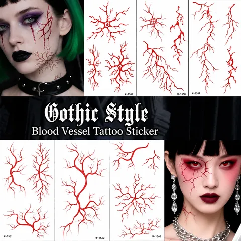 Pegatinas de Tatuaje Temporal de Vasos Sanguíneos Rojos Góticos Impermeables Falsas Venas Cara Fiesta de Halloween Cuerpo Art