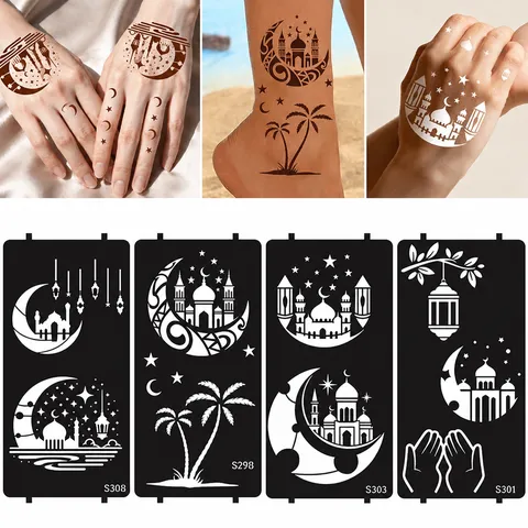Islamic Mosque Moon Star Hollow Tattoo Stencil Template Henna Body Paint DIY Temporary Tattoo Sticker Set
