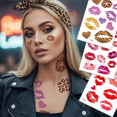 Pegatinas de Tatuaje Temporal Impermeables Estampado de Labios Corazón Leopardo Lazo Falso Tatuaje Para Mujeres Fiesta de Maquillaje