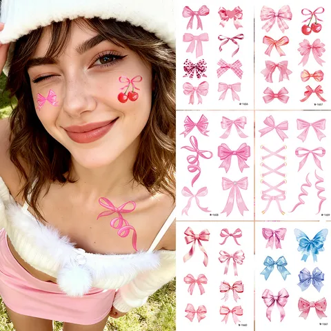 Pegatinas de Tatuaje Temporal Impermeables Estampado de Labios Corazón Leopardo Lazo Falso Tatuaje Para Mujeres Fiesta de Maquillaje