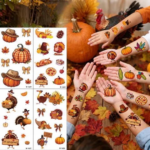 Acción de Gracias Niños Pegatinas de Tatuaje Temporal Impermeables Dibujos Animados Pavo Calabaza Fiesta de Festival Calcomanías de Arte Corporal
