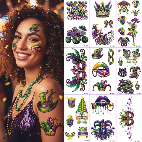 Pegatina de Tatuaje Temporal de Transferencia de Agua Mardi Gras Carnaval Fiesta Máscara Falsa Impermeable Arte Corporal Calcomanía para Adultos Niños Festival