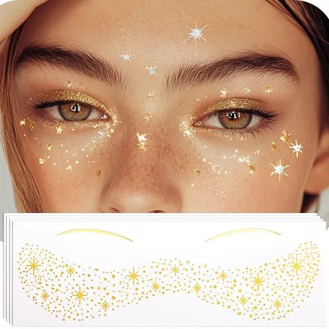 Pegatina de Tatuaje de Pecas Estampada en Oro Impermeable Cara Temporal Estrella Corazón Mariposa Maquillage Arte Corporal