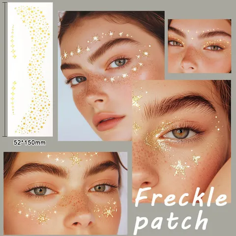 Pegatina de Tatuaje de Pecas Estampada en Oro Impermeable Cara Temporal Estrella Corazón Mariposa Maquillage Arte Corporal