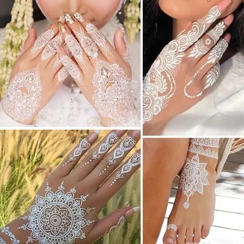 Pegatinas de Tatuaje Temporal de Encaje Blanco Impermeable 3D Henna Floral Arte Corporal Calcomanías Para Mujer Fiesta Maquillaje
