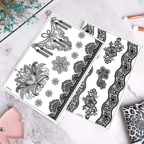 Pegatinas de Tatuaje Temporal de Encaje Hueco Negro Calcomanías de Arte Corporal de Henna Impermeables para Fiesta Mujeres y Niñas